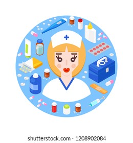 Young doctor with different medical equipment. Health care concept
