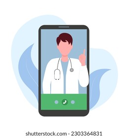 Un joven médico explicando o asesorando a un paciente en línea. Concepto - médico, salud. Ilustración vectorial al estilo de las caricaturas planas.