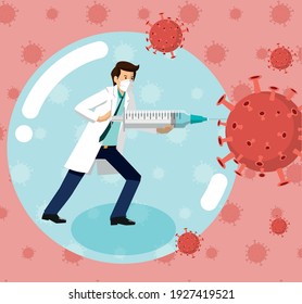 Young doctor fighting the Coronavirus with a syringe with the antigen from inside a bubble.