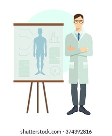 Young doctor in flat style. Presentation.