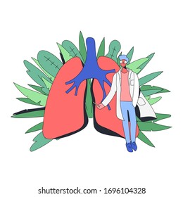 A young doctor in glasses stands near healthy clean lungs and shows what the lungs should be like in a person. Background - Green Tropical Leaves and Plants