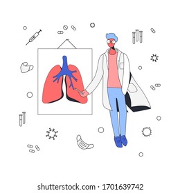 A young doctor in glasses stands near healthy clean lungs and shows what the lungs should be like in a person. Background - viruses and other hostile environment