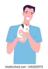 Young doctor with guinea pig. Smiling vet, cartoon flat character.