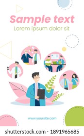 Young doctor and his work routine in hospital. Pill, patient, nurse flat vector illustration. Occupation and medicine concept for banner, website design or landing web page
