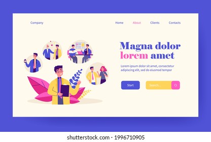 Young doctor and his work routine in hospital. Pill, patient, nurse flat vector illustration. Occupation and medicine concept for banner, website design or landing web page