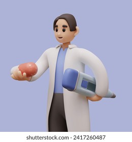 Joven médico sosteniendo cápsula con, medicinas y termómetro grande. Caricatura trabajando en el hospital. Concepto de salud. Ilustración vectorial en estilo 3d con fondo azul