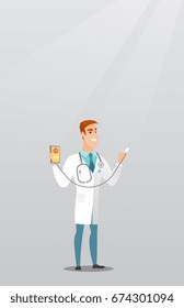 Un joven médico sostiene un smartphone con aplicación para medir la frecuencia cardíaca. Médico caucásico feliz que muestra la solicitud de revisión de la frecuencia cardíaca. Ilustración de diseño plana vectorial. Diseño vertical.