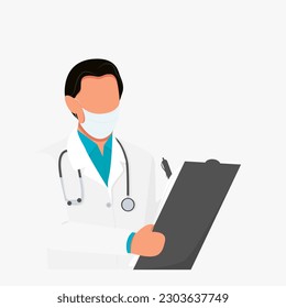 Young doctor holding a tablet for writing in mask and uniform with a stethoscope isolated on the white background. Flat vector illustration