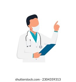 Young doctor holding a tablet for writing and paying attention in protecting mask and uniform with a stethoscope isolated on the white background. Flat vector illustration