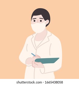 The young doctor interviews the patient with a sympathetic face.Close up vector portrait of doctor in mask. Hand drawn style vector design illustrations.