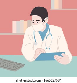 The young doctor interviews the patient with a sympathetic face.Close up vector portrait of doctor in mask. Hand drawn style vector design illustrations.