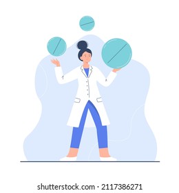 Una joven doctora empaca pastillas. El carácter de una doctora de sexo femenino en pleno crecimiento. Ilustración plana vectorial para el sitio web de la clínica, aplicaciones.