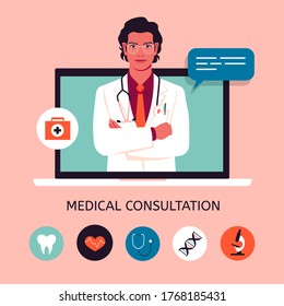 A young doctor in the laptop screen. Online medical consultation and support. Concept vector illustration in flat style with icons.