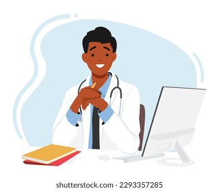 Young Doctor Male Character Sitting At Desk With Laptop Displaying Smile Indicating Satisfaction Or Pride In Work. Confidence And Professionalism Evident In Posture. Cartoon People Vector Illustration