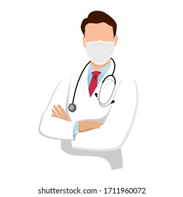 Young Doctor. Man Doctor Wearing A Lab Coat Stands With Crossed Arms. Vector Illustration