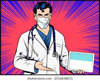 Joven médico en máscara que presenta sosteniendo una tableta con pantalla digital en blanco. Maqueta el espacio vacío. Dispositivo de sujeción médico. Estilo de cómic de arte Pop, retro, Vector de ilustración vintage