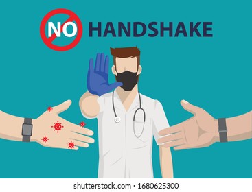 A young doctor in medical uniform with a protective face mask and a gloved hand showing a stop sign. No handshake concept Stop COVID-19 vector.