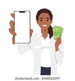Young doctor or nurse holding and showing blank phone screen and holding money. Digital payment. Flat vector illustration isolated on white background