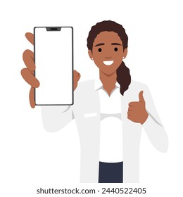 Young doctor or nurse holding and showing blank phone screen and showing thumb up. Digital payment. Flat vector illustration isolated on white background