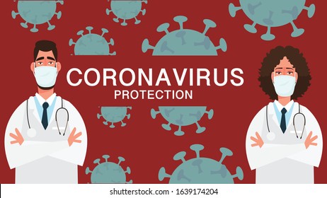 Young doctor and nurse wearing a medical mask Primary protection Campaign concept.situation of new strains of corona virus.There is severe epidemic.concept health and medical vector illustration.