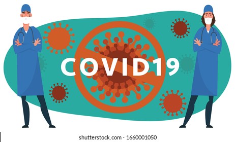 Young doctor and nurse wearing a medical mask stop stigma and combat COVID-19.situation of new strains of corona virus.There is severe epidemic.concept health and medical vector illustration.