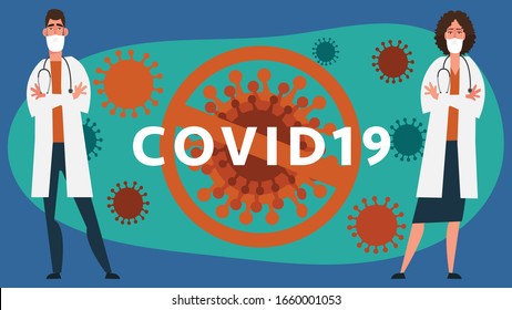 Young Doctor And Nurse Wearing A Medical Mask Stop Stigma And Combat COVID-19.situation Of New Strains Of Corona Virus.There Is Severe Epidemic.concept Health And Medical Vector Illustration.