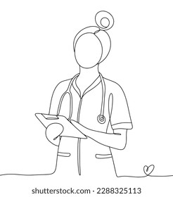 A young doctor or nurse in a white coat with a stethoscope around his neck. International Nurses Day. One line drawing for different uses. Vector illustration.