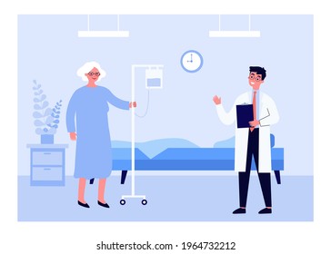 Young doctor and old woman in hospital. Flat vector illustration. Medical worker visiting patient, giving recommendations, doing medical inspection. Medical help, health, treatment, hospital concept