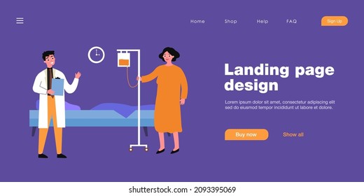 Young doctor and old woman in hospital. Flat vector illustration. Medical worker visiting patient, giving recommendations, doing medical inspection. Medical help, health, treatment, hospital concept