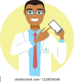 Young doctor pointing on smartphone screen cartoon character