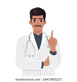 Joven doctor señala su dedo índice hacia arriba. Médico general en uniforme médico con estetoscopio. Ilustración vectorial plana aislada sobre fondo blanco