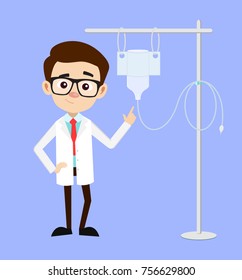 Young Doctor Showing Saline Solution Vector Illustration