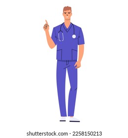 Young doctor shows index finger up. Warns, gives advice. Male nurse wearing scrubs. Smiling character with stethoscope isolated on white background. Flat style. Vector illustration.