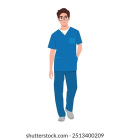 Jovem médico de pé com a mão em uniforme de esfoliação. Ilustração de caractere de vetor plano