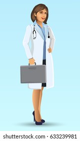 Young Doctor, with standing position, cartoon figure of woman doctor presented, Medical Clinic Hospital Staff, vector illustration