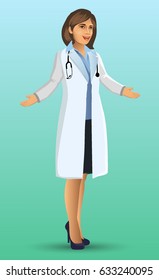 Young Doctor, with standing position, cartoon figure of woman doctor presented, Medical Clinic Hospital Staff, vector illustration