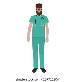 Young doctor with a stethoscope in a hospital. Cartoon flat,  illustration