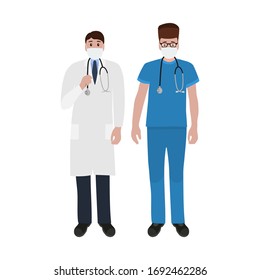 Young doctor with a stethoscope in a hospital. Cartoon flat, vector illustration