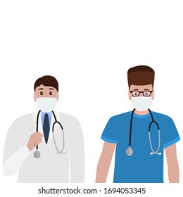 Young doctor with a stethoscope in a hospital. Cartoon flat, vector illustration