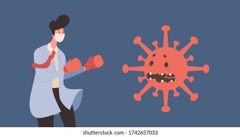 Young doctor in uniform and protective face mask struggles with frightened coronavirus cell vector flat illustration. Fight against covid-19 banner concept. Brave medical worker and scared covid cell.