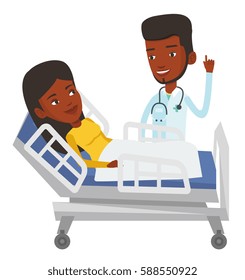 Young doctor visiting patient. Doctor pointing finger up during visiting of patient. Woman lying in hospital bed while doctor visits her. Vector flat design illustration isolated on white background.