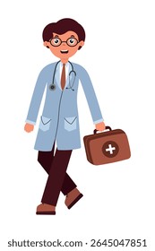 Young doctor walking with a medical bag and stethoscope in a cheerful expression, representing healthcare professionalism. Flat style vector illustration isolated on white background.
