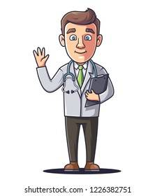 A young doctor waving his hand and holding a tablet. vector illustration.