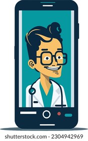 Young doctor wearing a lab coat, video conferencing on a mobile phone. Telemedicine. Patient consulting doctor using online technology through smartphone app.