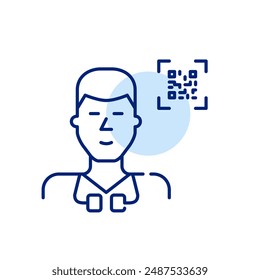 Young doctor wearing stethoscope and qr code. Easy access to medical information and healthcare provider portal. Pixel perfect, editable stroke icon