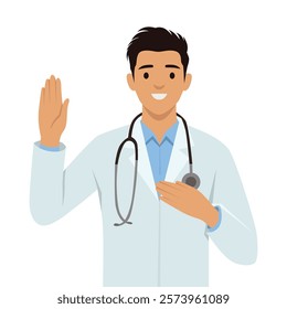 Young doctor wearing white coat and stethoscope raising one hand in a gesture of greeting. Flat vector illustration isolated on white background