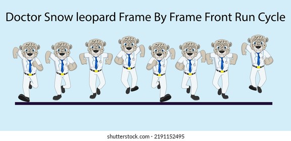 Young Doctor White Leopard Frame By Frame Front Run Cycle Vector Illustration. Design For Motion Graphics, 2D Animation, Infographics, Pose Animation, Animated Poster