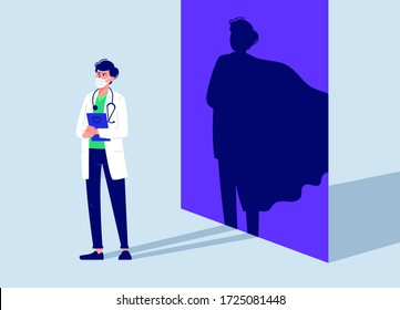 Young DOCTOR in white medical face mask fight against viruses. Hero hospital worker in a cape for web design. Thank you frontline heroes for fighting the coronavirus. Vector illustration of doctors.