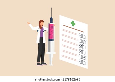 Young doctor woman with stethoscope and syringe. Modern woman concept. Colored flat vector illustration isolated.