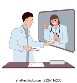 Young doctors hold an online conference. Two doctors use the Internet to communicate. The concept of telemedicine. Flat vector illustration on white background. For print, web design.